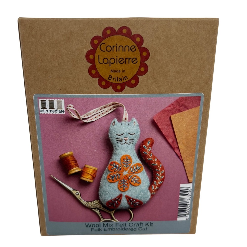 Corinne Lapierre Folk Embroidered Cat Ornament Blue Wool Mix Felt Craft Kit